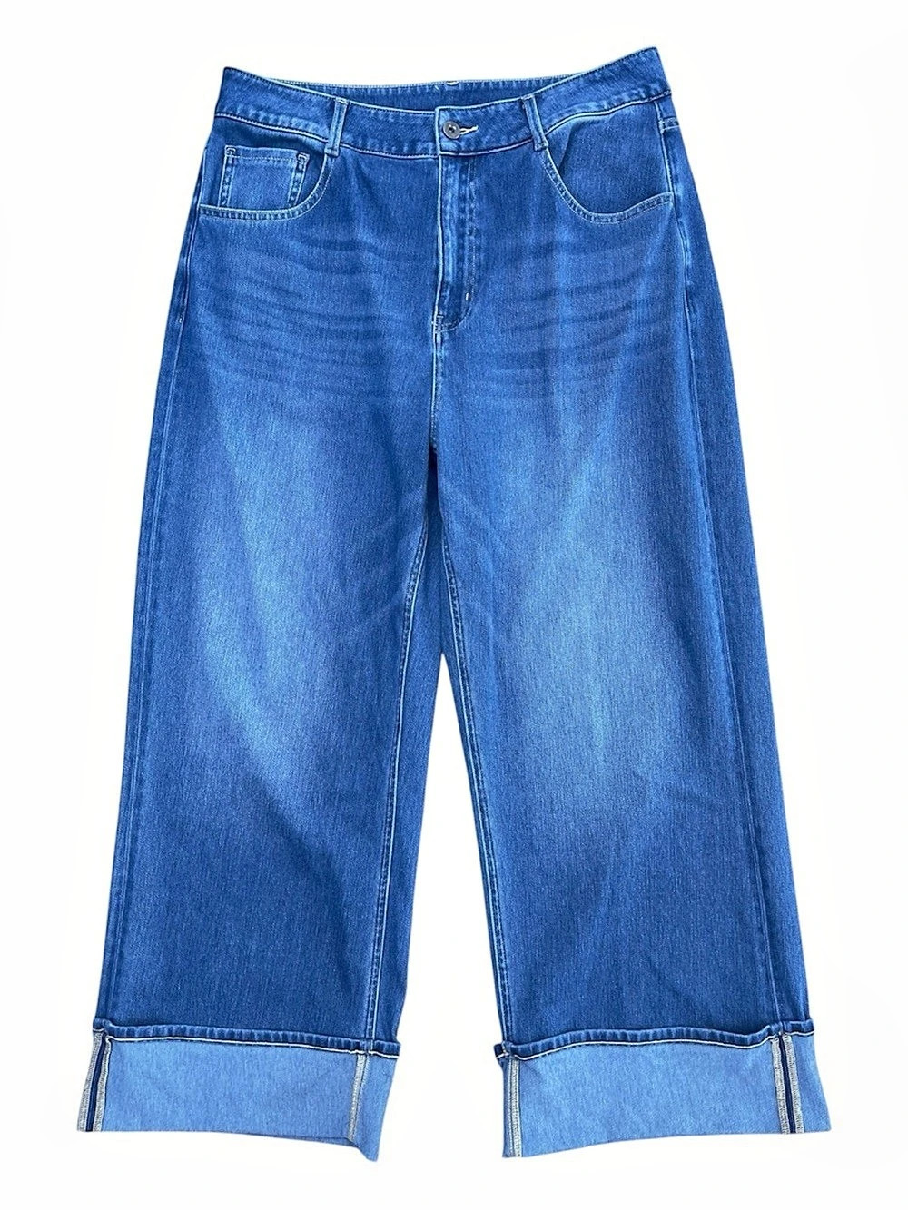 Halara Flex High Waisted Cuffed Hem Wide Leg Stretchy Jeans Blue